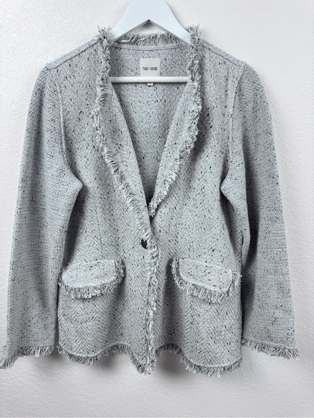 NIC+ZOE Cotton Blend Light Gray Fringe Mix Knit Blazer